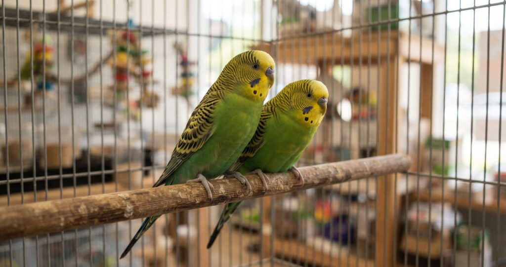 セキセイインコ2羽が止まり木にとまっている写真