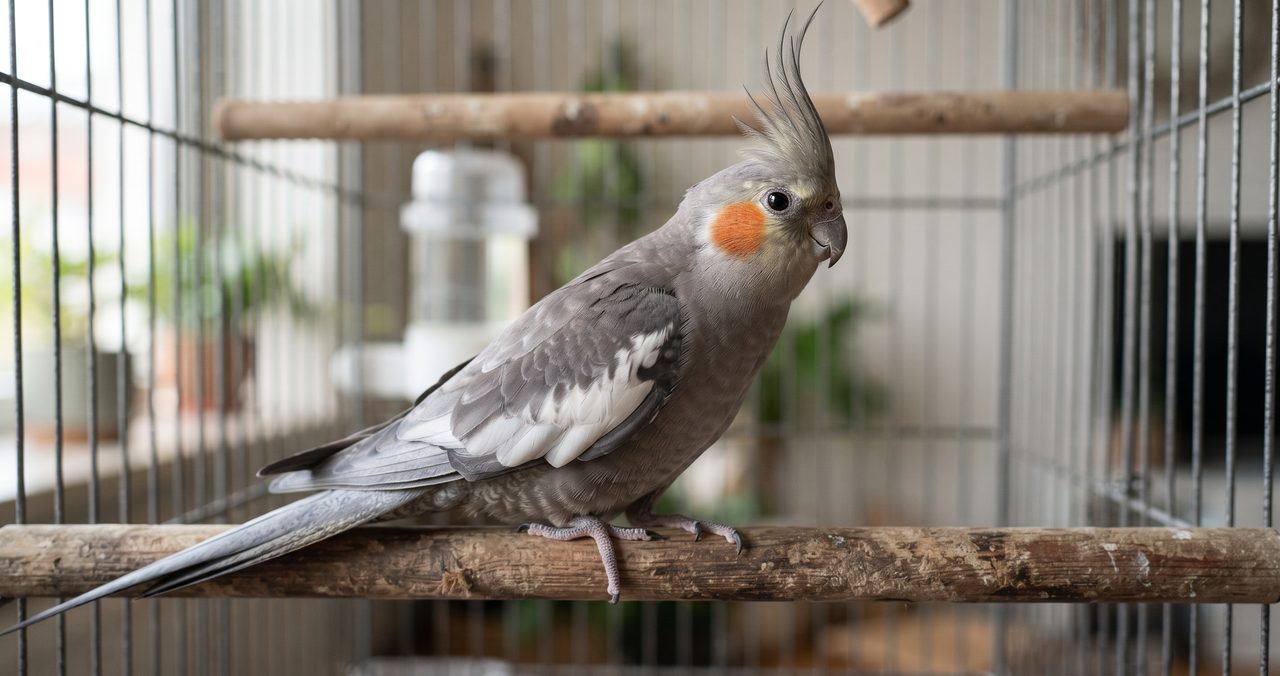 オカメインコが止まり木にとまっている写真