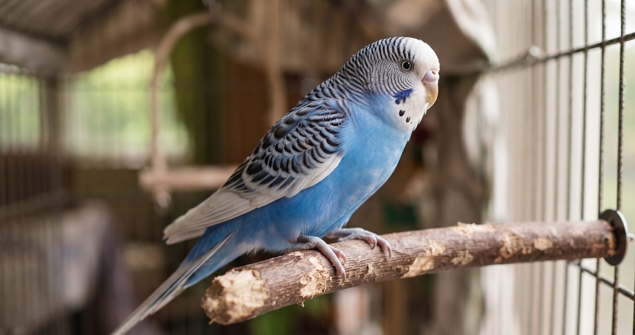 セキセイインコが止まり木にとまっている写真