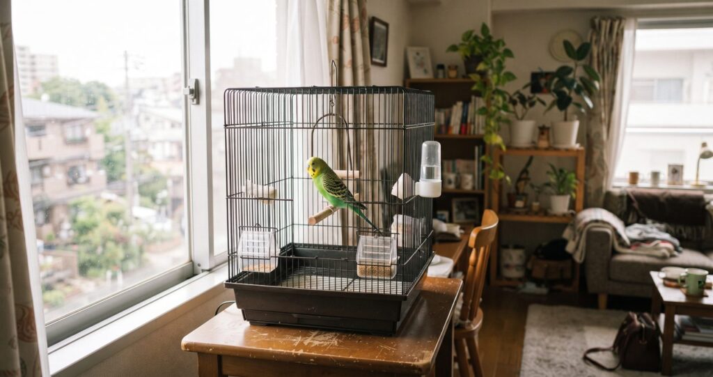 賃貸マンションの一室でセキセイインコの鳥かごが置かれている写真