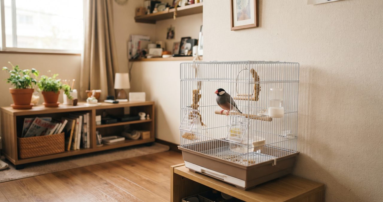 賃貸の部屋に置かれた文鳥の鳥かごの写真
