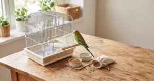 木製テーブルに鳥かごや止まり木、エサなどの飼育グッズ一式とセキセイインコが並んでいる写真