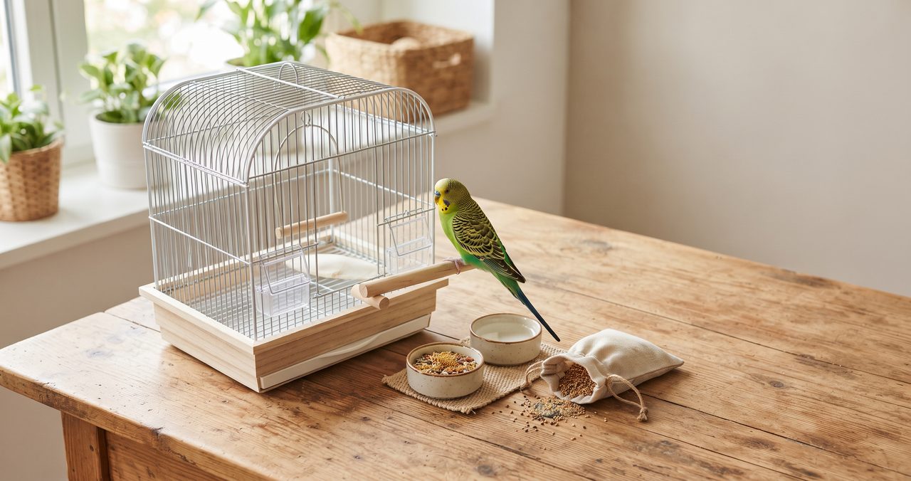 木製テーブルに鳥かごや止まり木、エサなどの飼育グッズ一式とセキセイインコが並んでいる写真