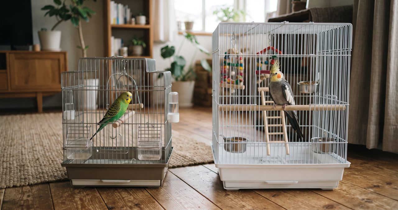 小型ケージのセキセイインコと大型ケージのオカメインコが並んでいる写真