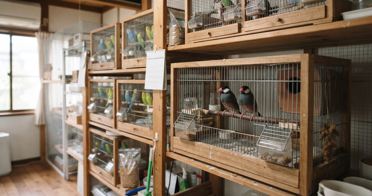 ブリーダーの飼育スペースで複数のケージに文鳥やセキセイインコが入っている写真