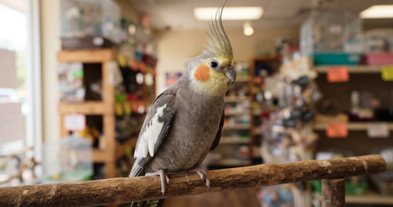 ペットショップの店頭で止まり木にとまっているオカメインコの写真