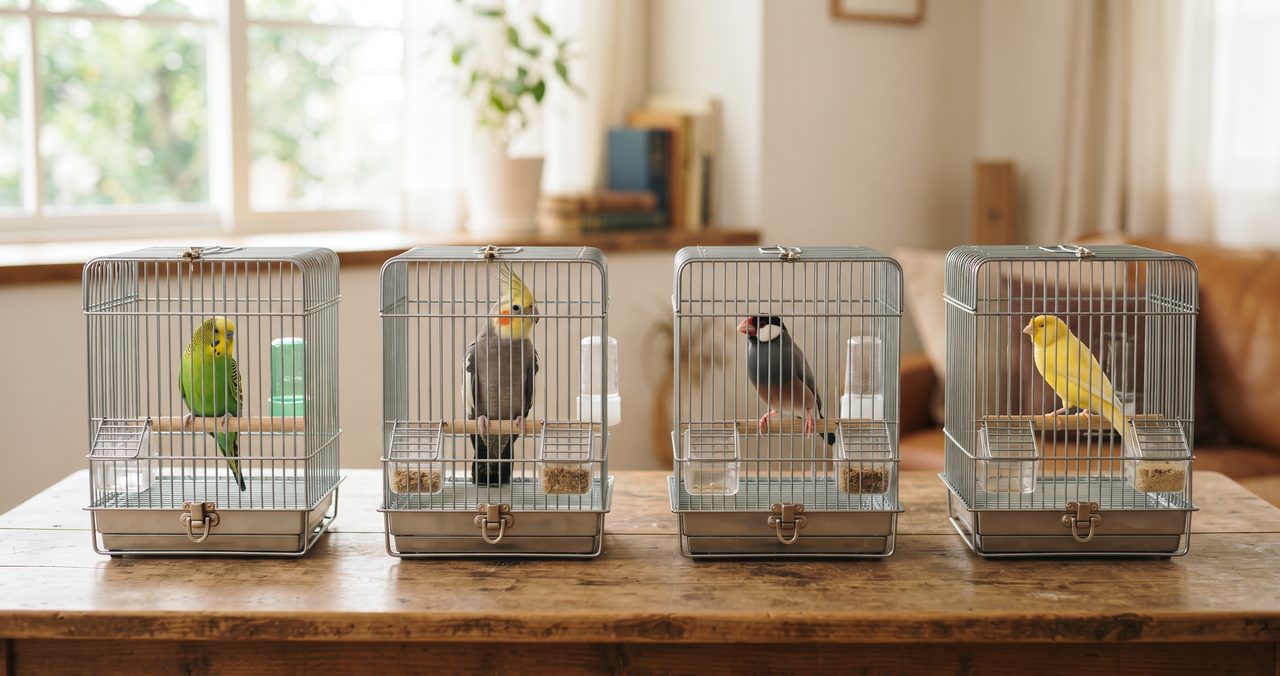4つのバードケージにセキセイインコ・オカメインコ・文鳥・カナリアがそれぞれとまっている写真