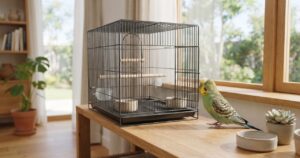 窓際に置かれた空のバードケージとそばにとまるセキセイインコの写真