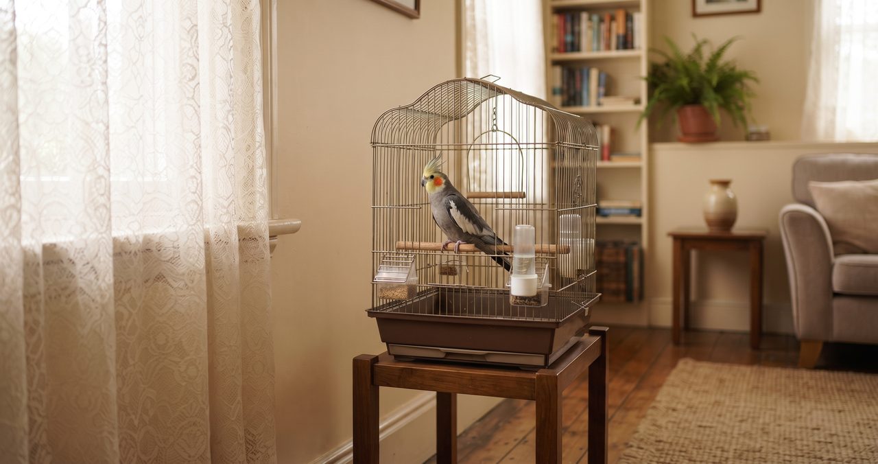 窓から少し離れた場所に置かれたバードケージにオカメインコがとまっている写真