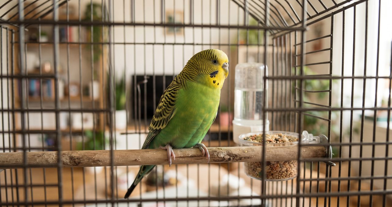 止まり木にとまるセキセイインコとケージ内のエサ入れ・給水器の写真
