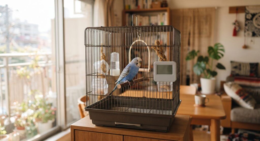温湿度計とインコのいるケージの写真