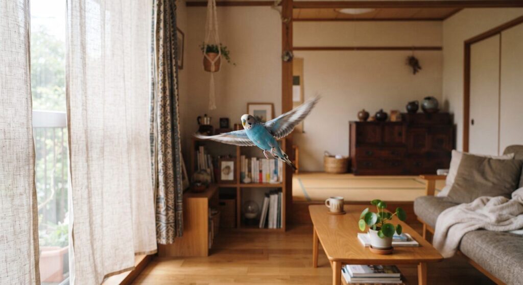 部屋の中で放鳥されているセキセイインコの写真