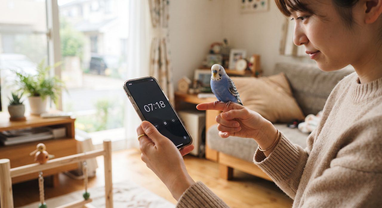 スマートフォンのタイマーを確認しながら指に乗ったセキセイインコと放鳥時間を計る様子