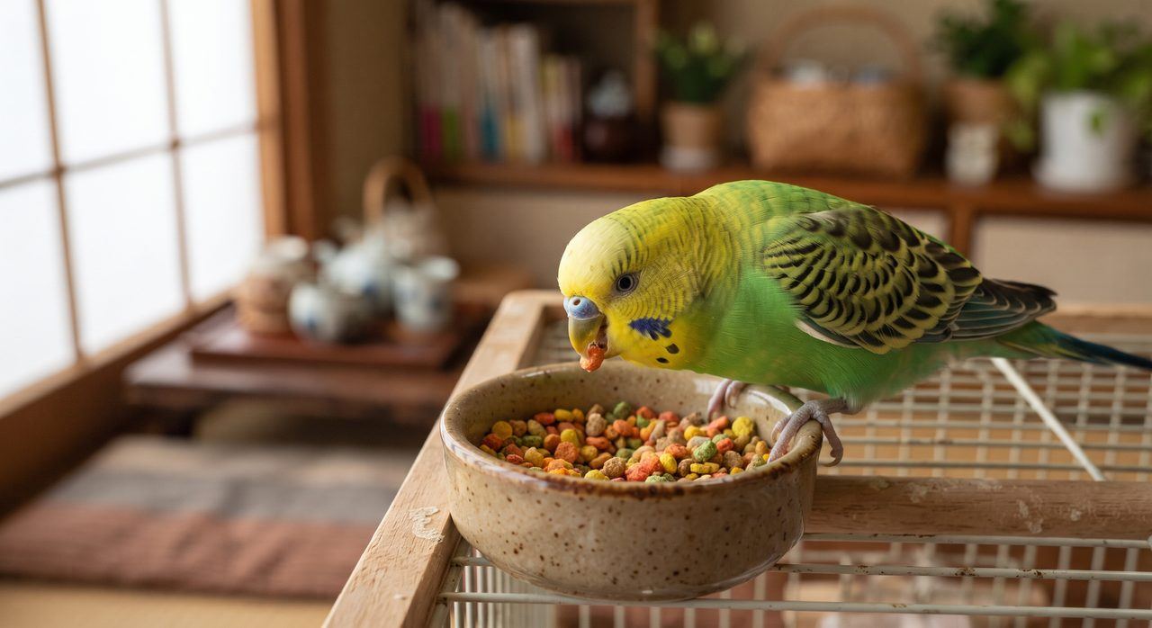 セキセイインコがエサ皿に頭を入れてペレットフードをついばんでいる写真