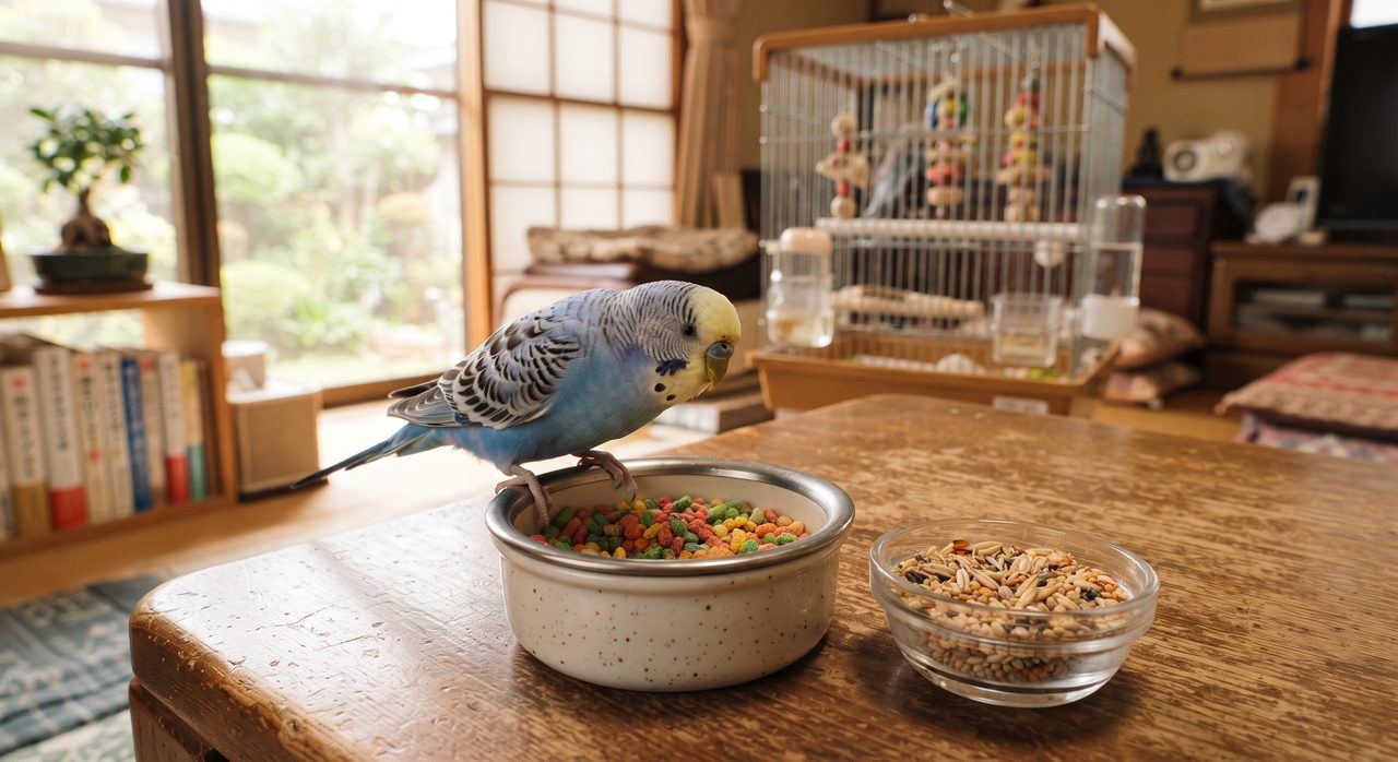 セキセイインコがペレットとシードのエサ皿の前にいる写真
