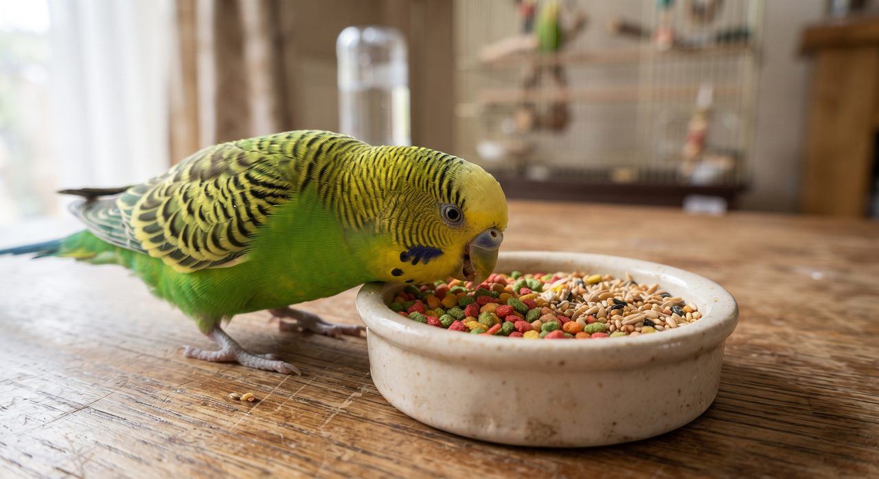 ペレットを中心に少量のシードを混ぜたエサ皿から、セキセイインコが食べている写真