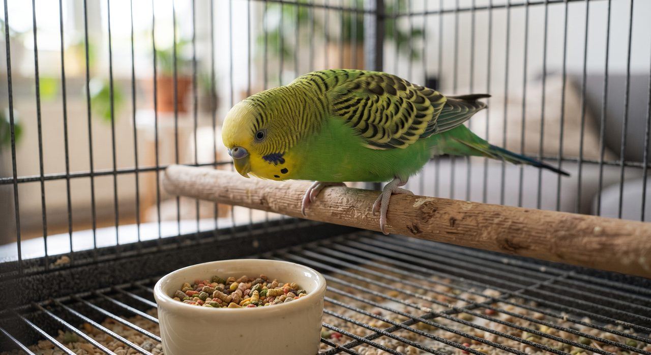 止まり木の上から、下に置かれたペレットのエサ皿を警戒するように見下ろしているセキセイインコの写真