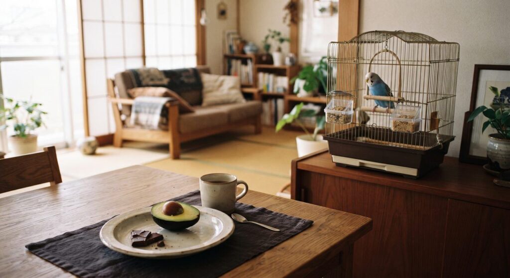 食卓のアボカドとチョコレートから離れた場所にある鳥かごでセキセイインコが過ごしている写真