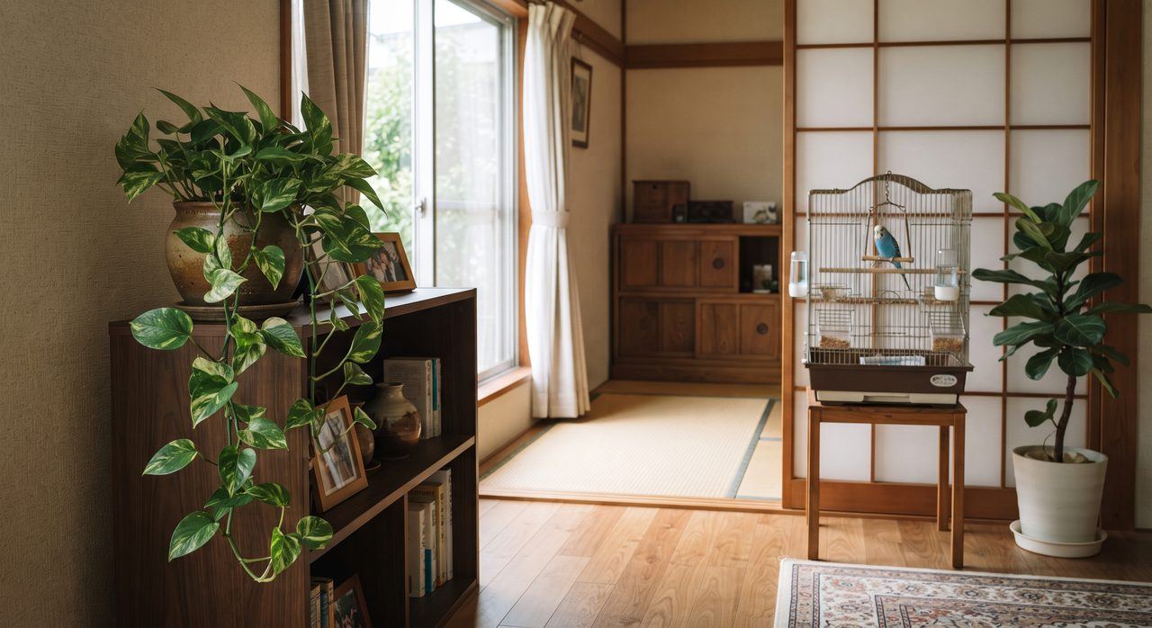 観葉植物のポトスが棚の上に置かれ、離れた場所にある鳥かごの中でセキセイインコが過ごしている写真