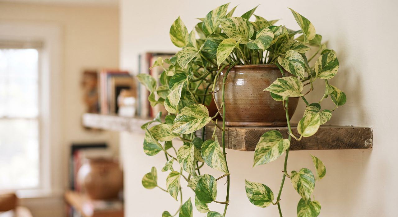 ハート型の葉が特徴的な観葉植物ポトスが、棚の上に置かれているクローズアップ写真