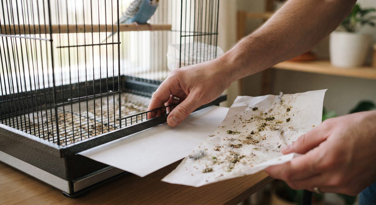 鳥かごの底に敷いた白い紙を交換しながらフンの状態を確認している手元の写真