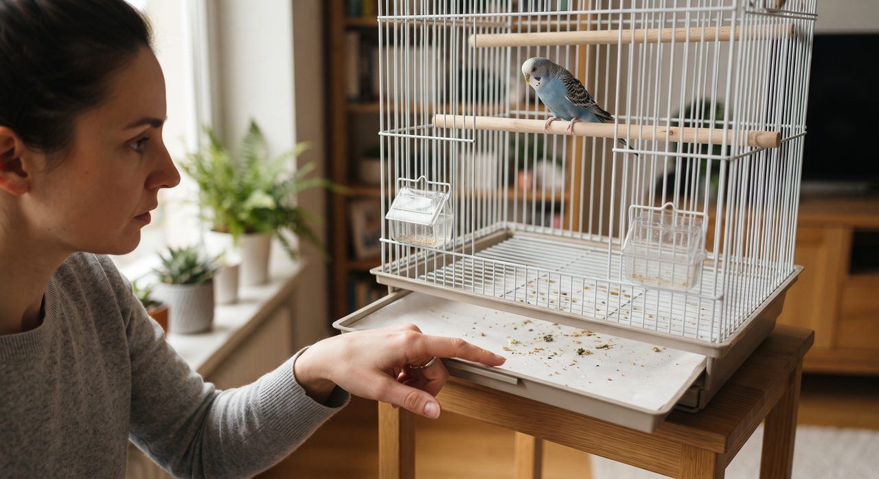 ケージの底を確認しながら、中で過ごすセキセイインコの様子を観察している飼い主の手元