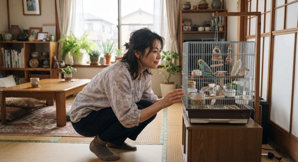 ケージのそばにしゃがみ、中のセキセイインコの様子を優しく観察している飼い主
