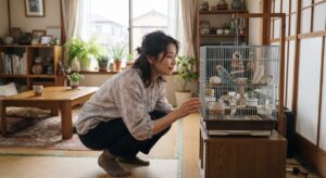 ケージのそばにしゃがみ、中のセキセイインコの様子を優しく観察している飼い主