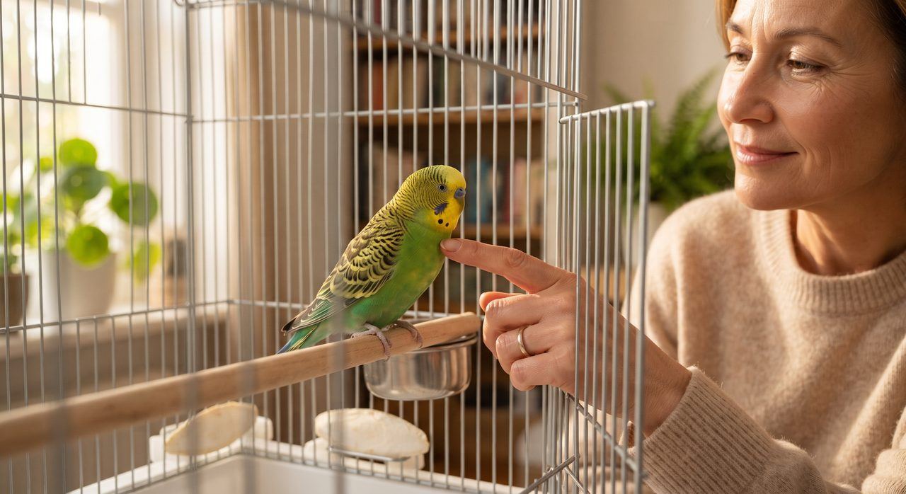 ケージ越しに、セキセイインコの羽のつやや姿勢をそっと観察している人の様子