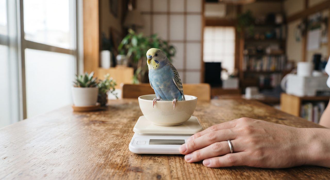キッチンスケールに乗った止まり木の上で体重測定を受けているセキセイインコ