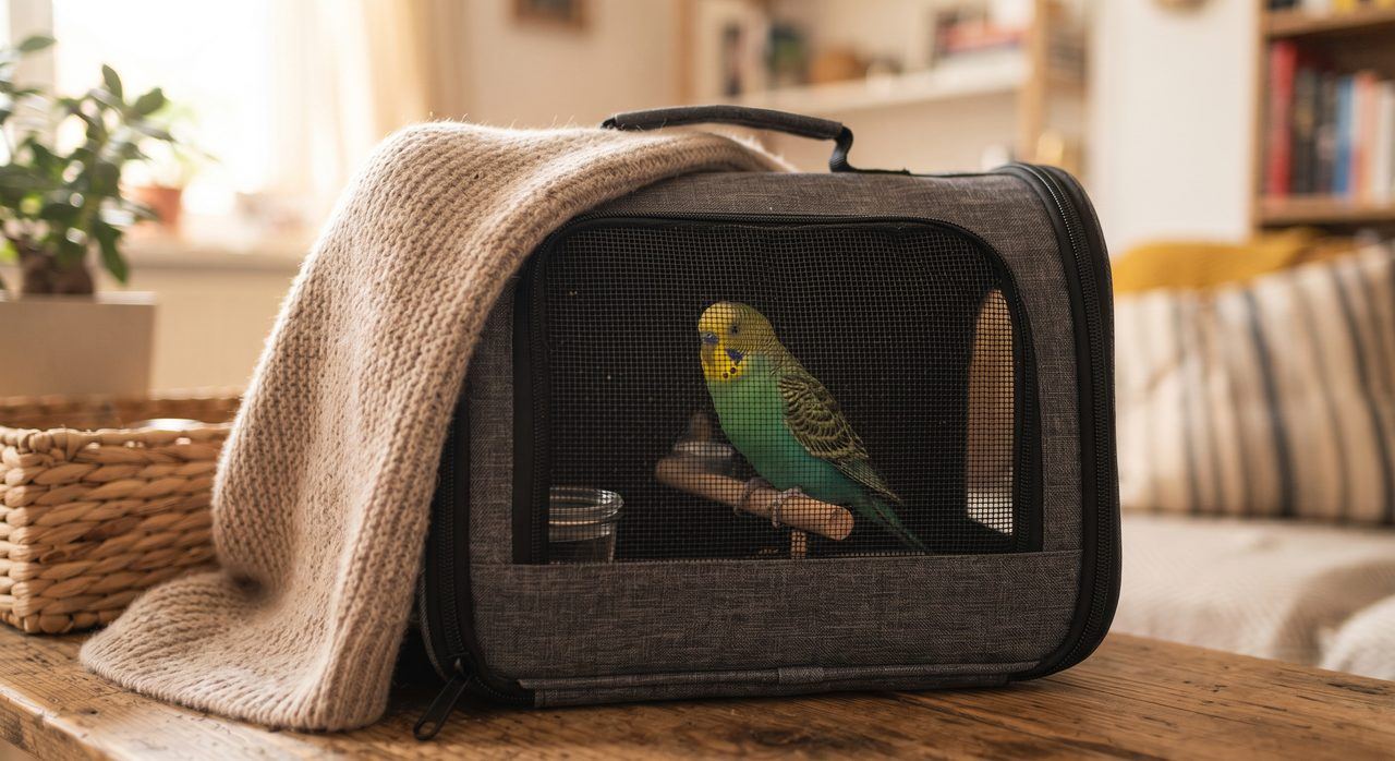 タオルで覆われた通気性のあるキャリーケースの中で落ち着いて過ごすセキセイインコ