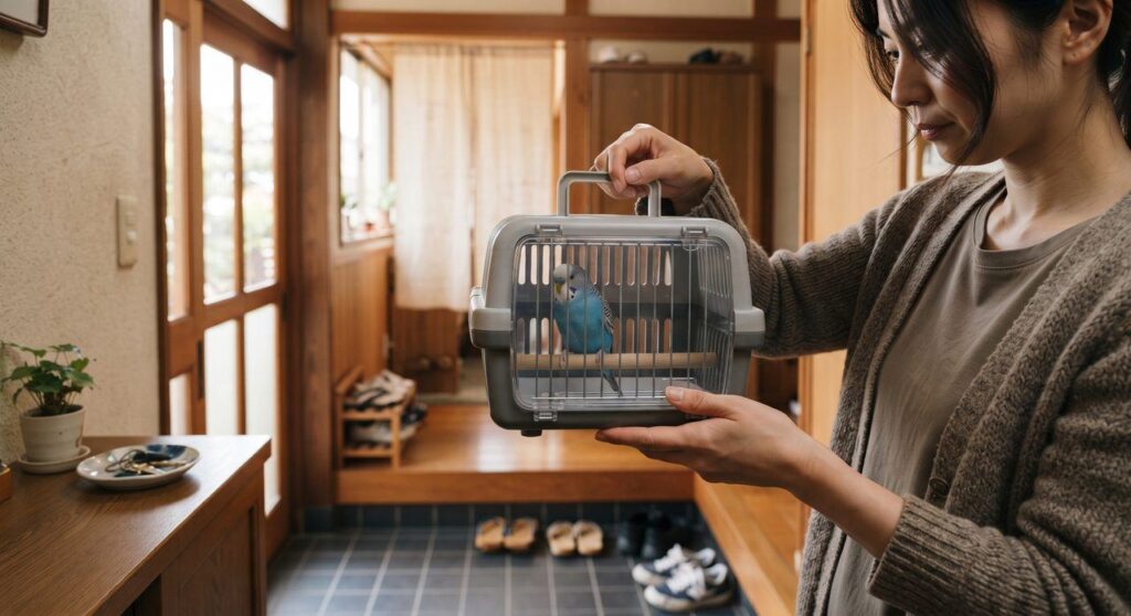キャリーケースに入ったセキセイインコを両手で優しく持ち、玄関先で通院に出かけようとしている様子