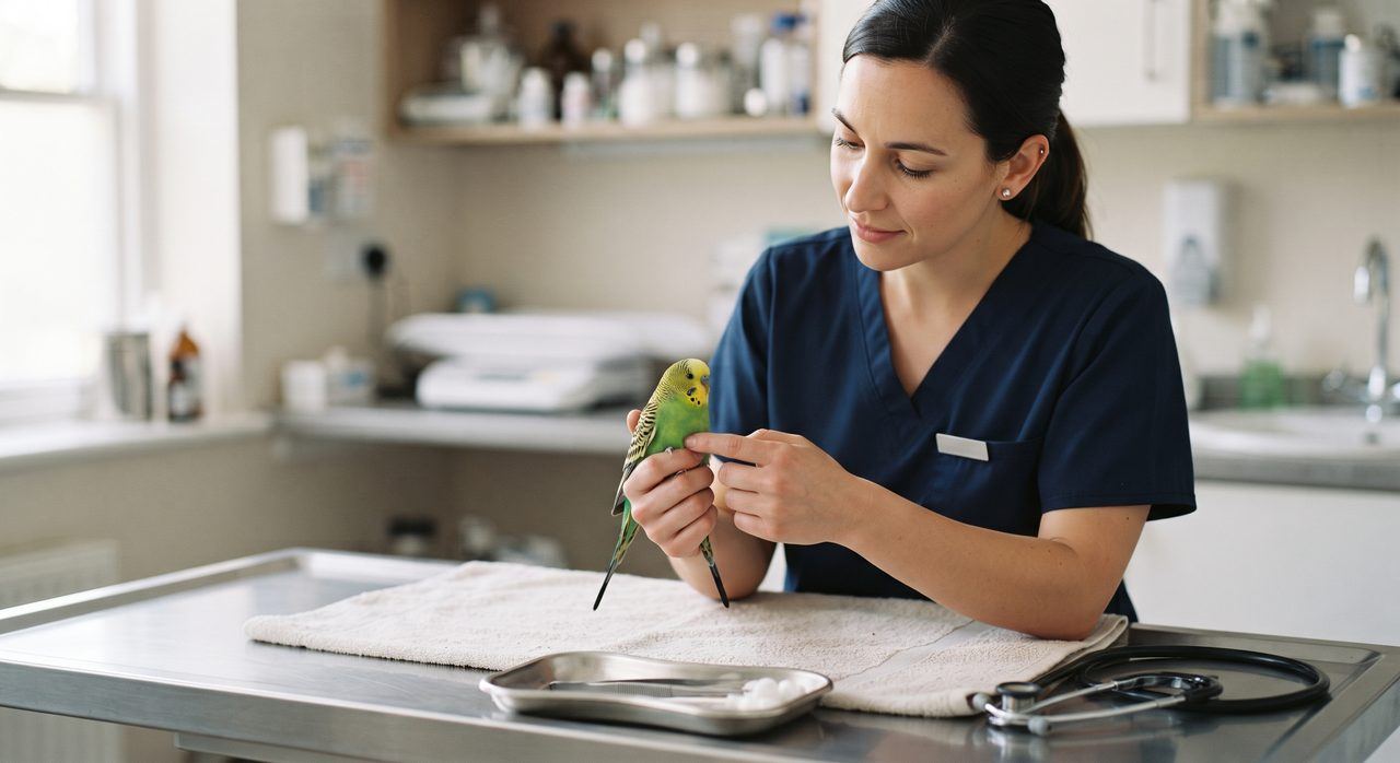 元気な様子のセキセイインコを、診察台の上で獣医師が優しく診ている定期健診の写真