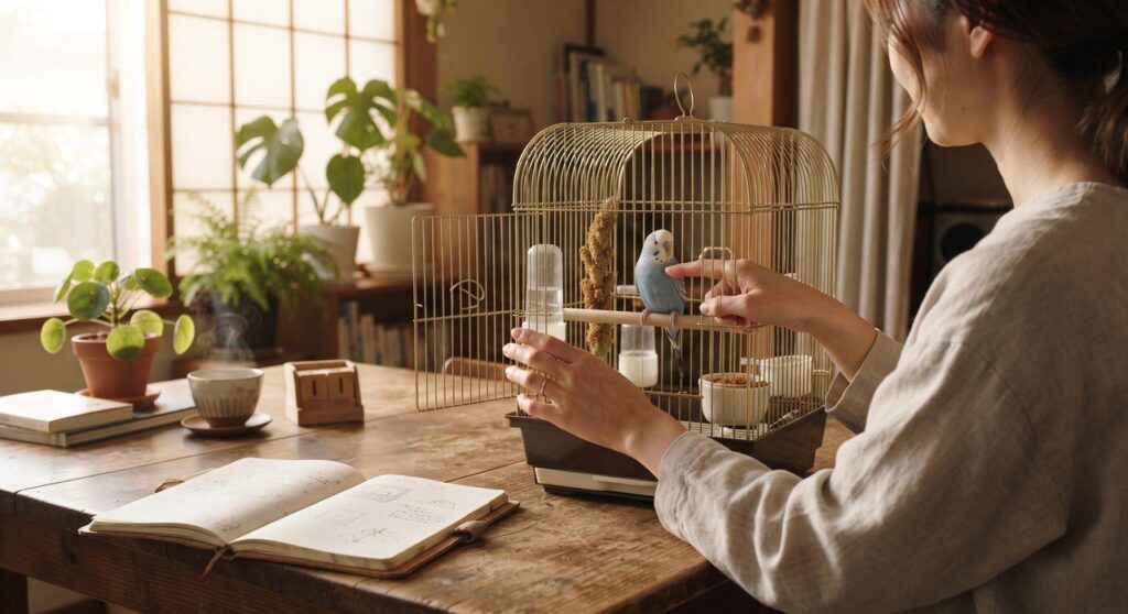 朝の光の中でケージのエサ入れと水入れを確認している飼い主とセキセイインコ