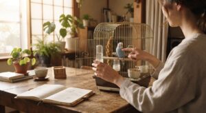 朝の光の中でケージのエサ入れと水入れを確認している飼い主とセキセイインコ