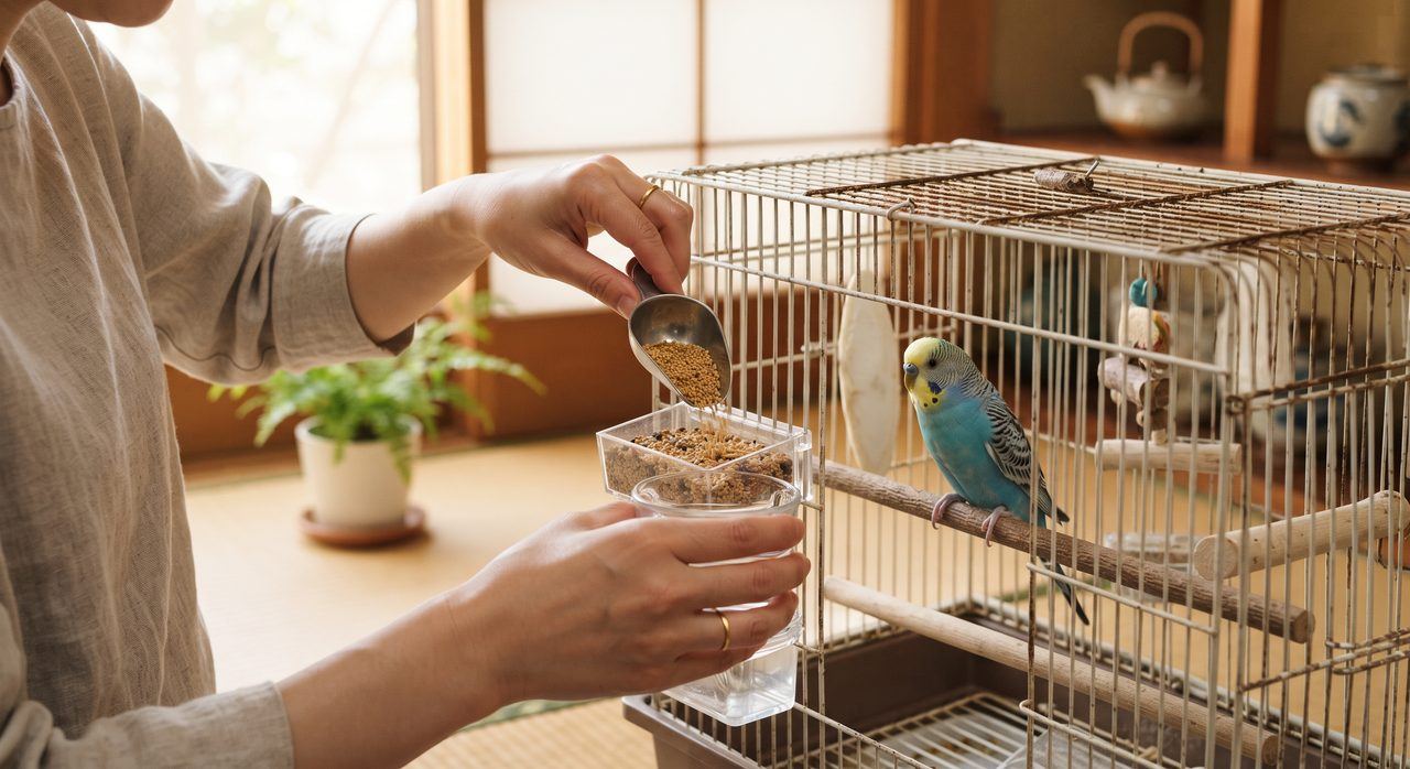 朝の光が入る室内で、ケージのエサ入れと水入れを確認している飼い主の手元とセキセイインコ