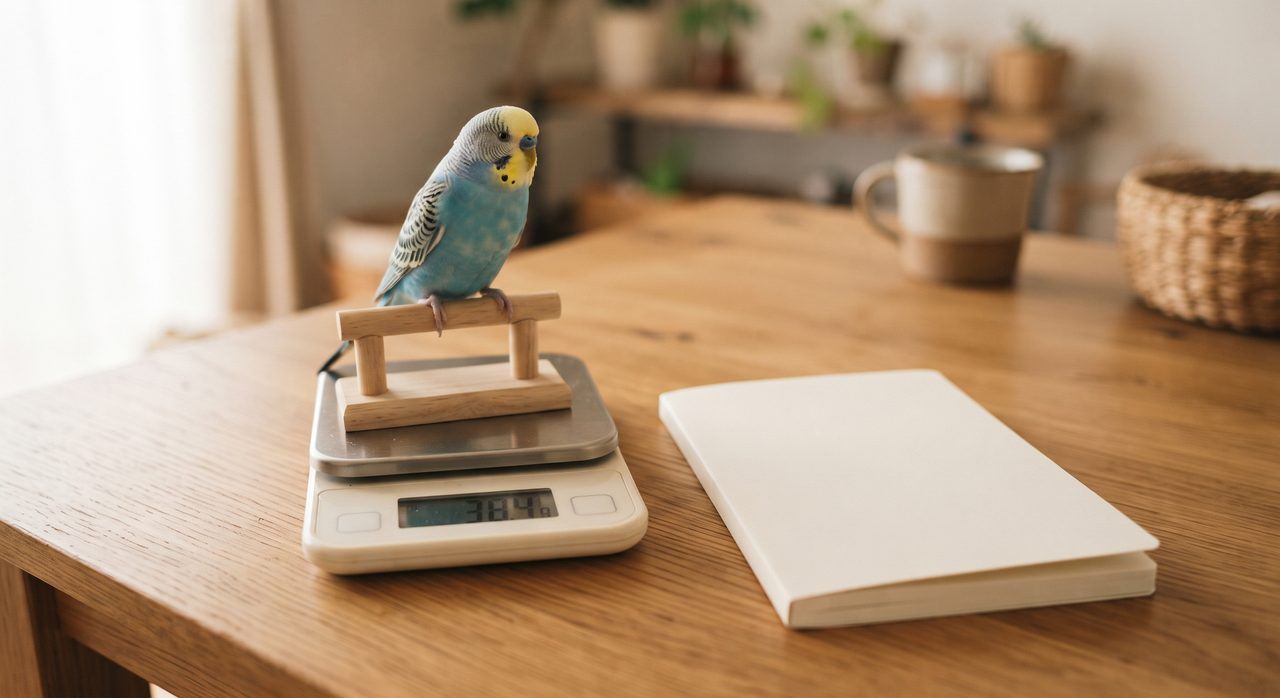 キッチンスケールに乗って体重を測っているセキセイインコと、そばに置かれた無地のノート
