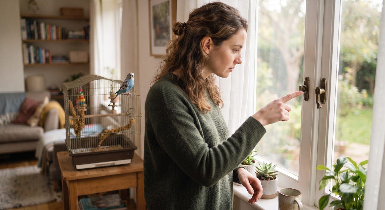 放鳥の前に窓の鍵を指差し確認している人と、ケージから出ようとしているセキセイインコの様子