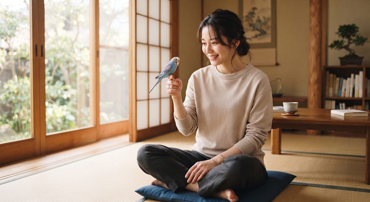 日中の明るい室内で、指に乗った小鳥と穏やかにふれあっている飼い主