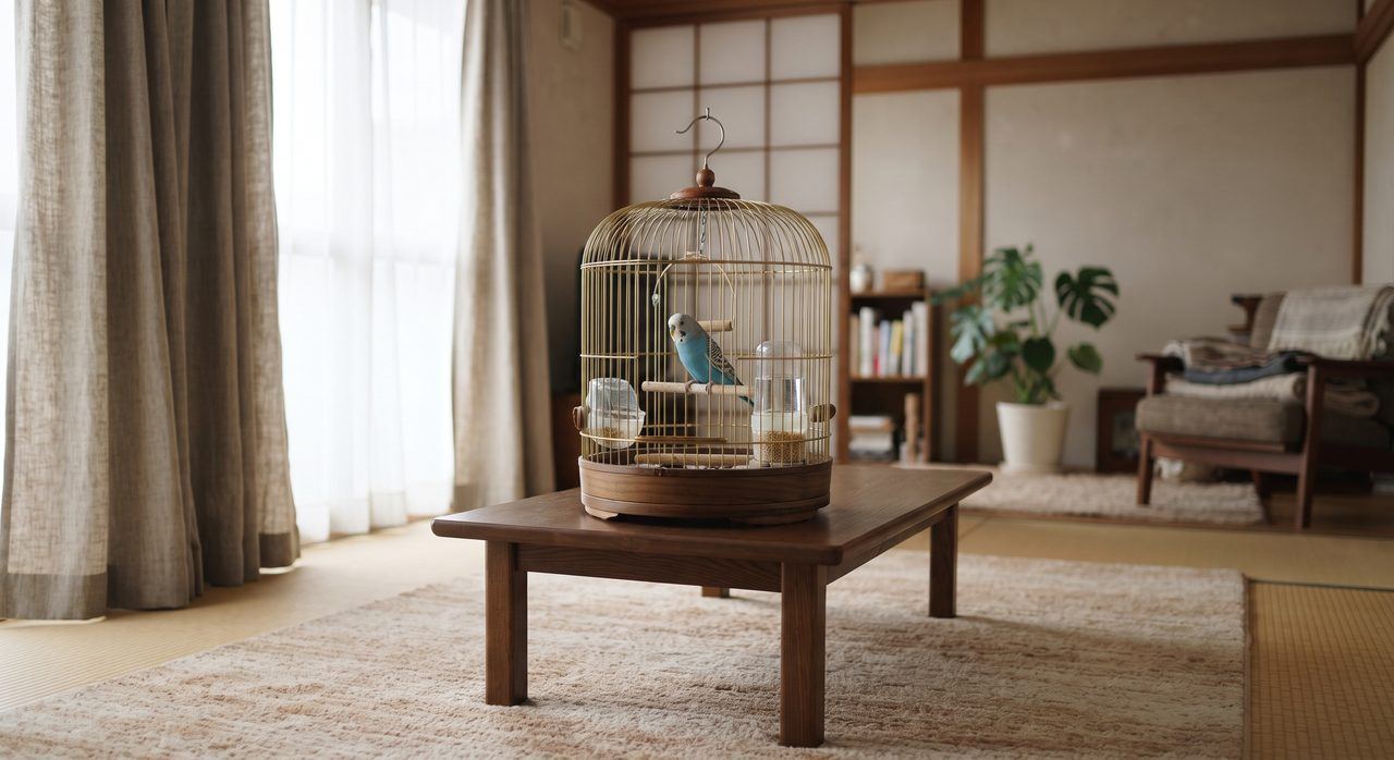 隣接する壁から離してリビングの中央付近に置かれた鳥かごと、厚手のカーテンのある部屋