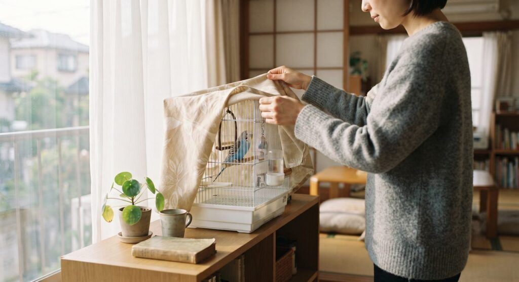 早朝の室内でケージにやさしくカバーをかけている飼い主とセキセイインコ