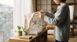 早朝の室内でケージにやさしくカバーをかけている飼い主とセキセイインコ