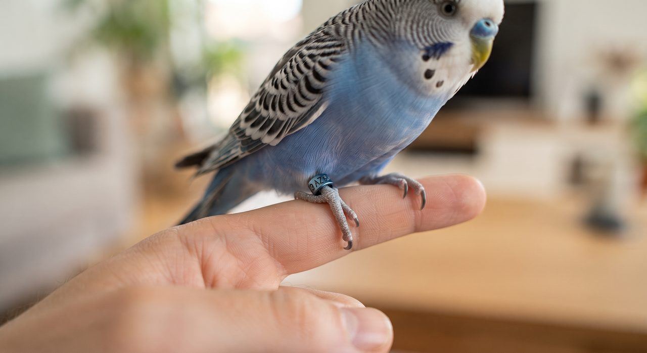 指に乗ったセキセイインコの脚につけられた小さな迷子札(足環)のクローズアップ写真
