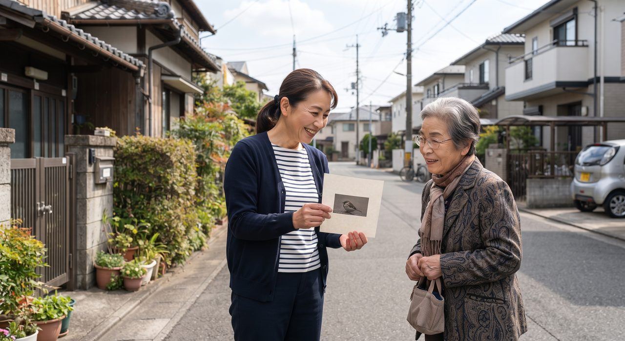 近所の人に手作りのチラシを見せながら落ち着いて話をしている飼い主の様子