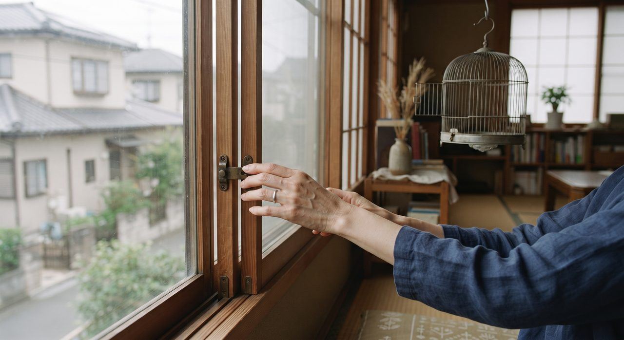 室内で窓を静かに閉めながら部屋の中を落ち着いて確認している人の様子
