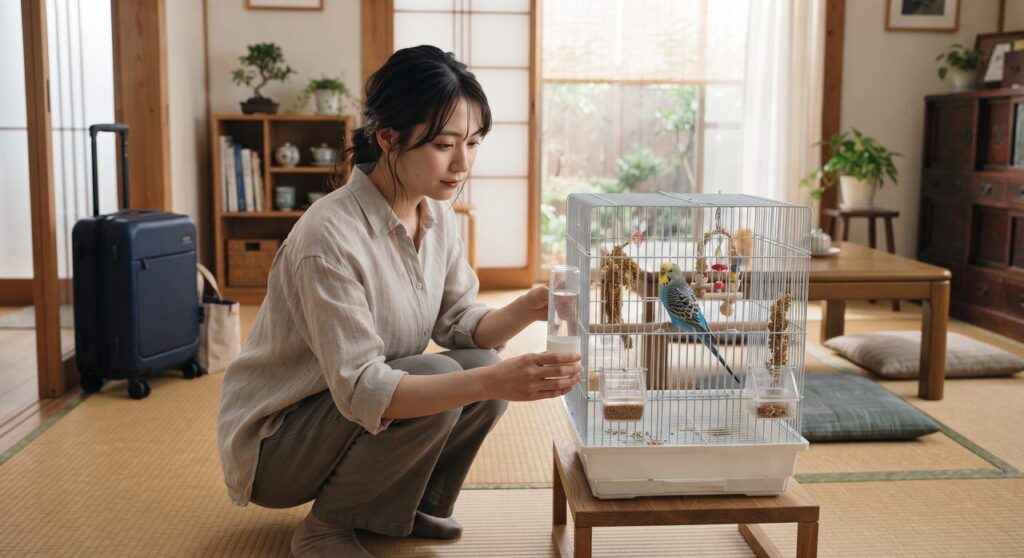 旅行前にケージへ予備のエサ入れと給水器を用意している飼い主とセキセイインコ