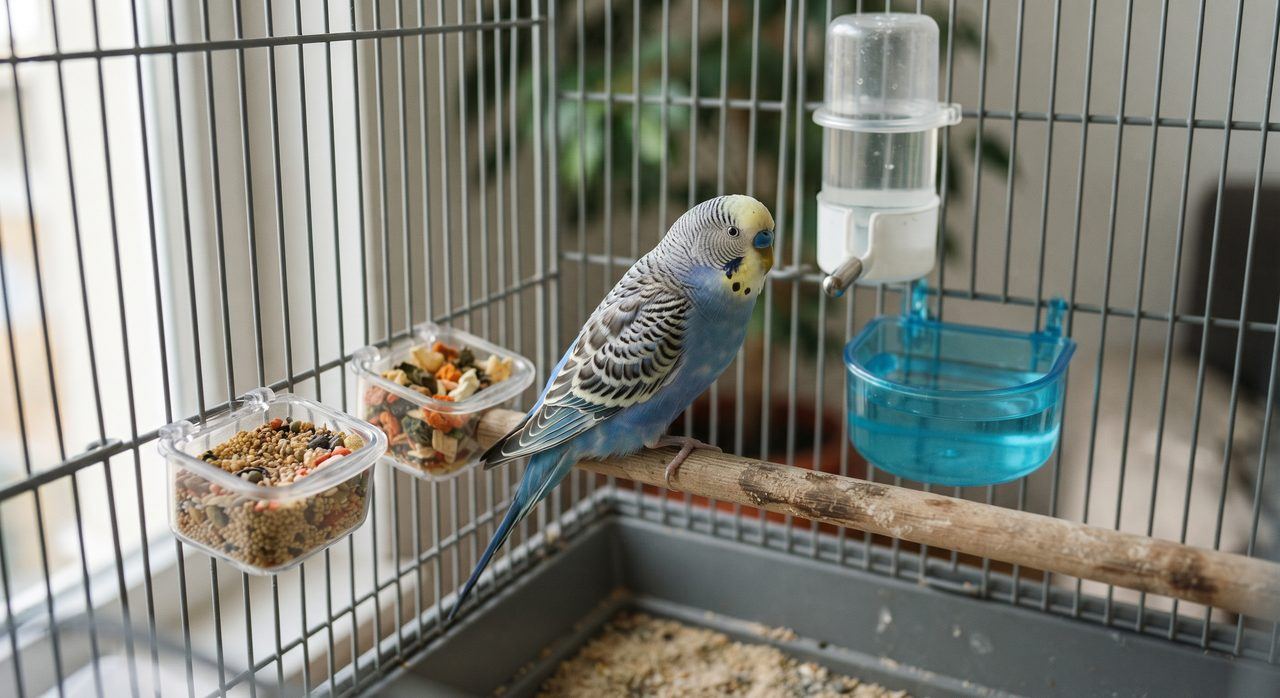 ケージの中に皿型エサ入れとボトル型給水器が複数設置されている様子