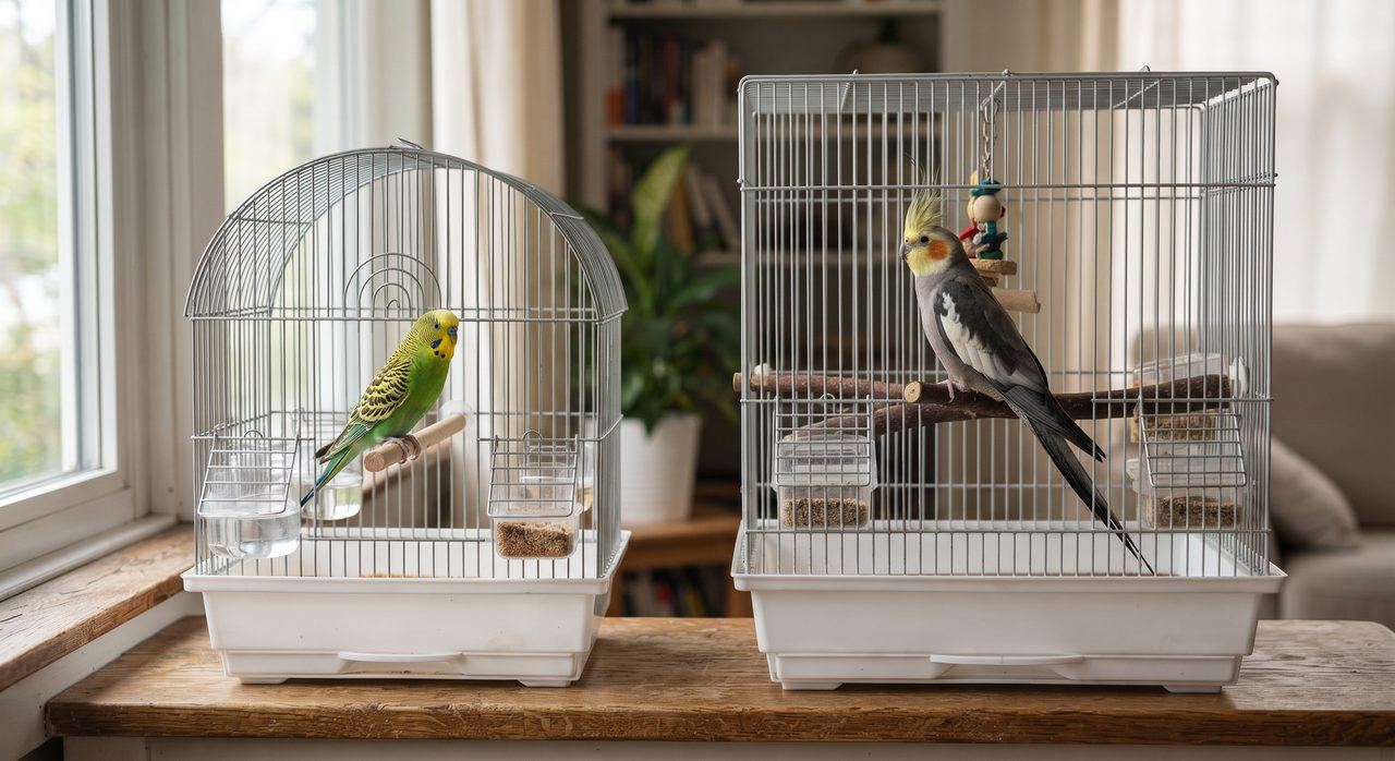セキセイインコとオカメインコが別々の鳥かごに入り、体格の違いがわかる写真