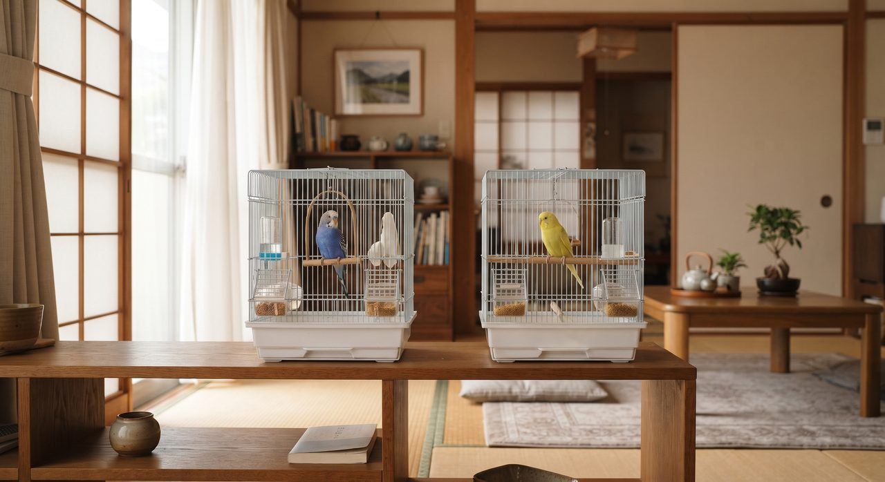 室内に少し距離を置いて並べられた2つの鳥かご、それぞれにインコが暮らしている様子