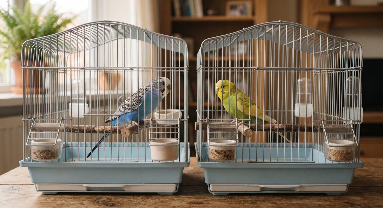 2つの鳥かごが少し近づけて置かれ、それぞれの中のインコがケージ越しに互いを見ている様子